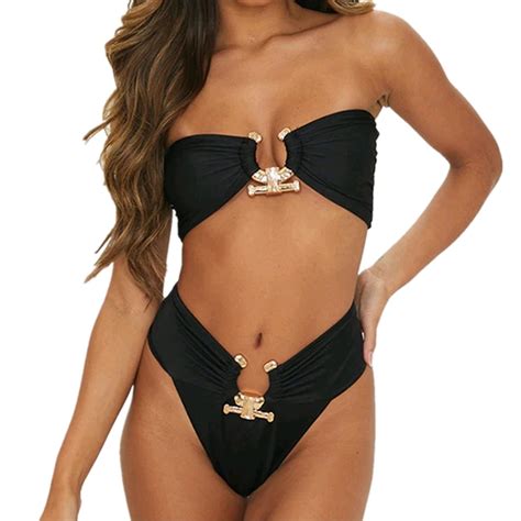 RARITYUS Women Bikini Metal Ring High Waist Two Piece Set Push Up Sexy Summer Swimwear Bathing