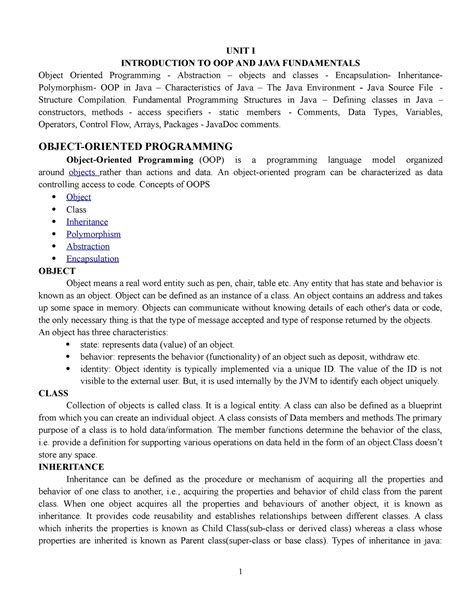 CS8392 OOPS Notes UNIT 1 1 UNIT I INTRODUCTION TO OOP AND JAVA