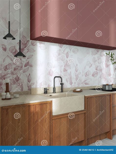 Japandi Trendy Wooden Kitchen In White And Red Tones Wooden Cabinets