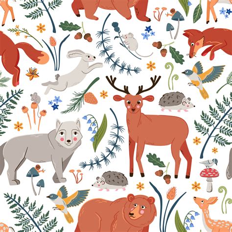 Cute Forest Animals Seamless Pattern Woodland Hand Drawn Vector