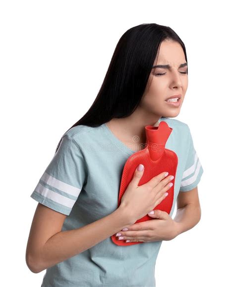 Woman Using Hot Water Bottle To Relieve Chest Pain On White Background Stock Image Image Of