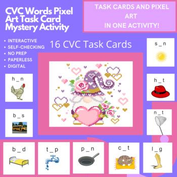 Digital Pixel Art NO PREP Valentine Gnome CVC Words Task Cards TPT