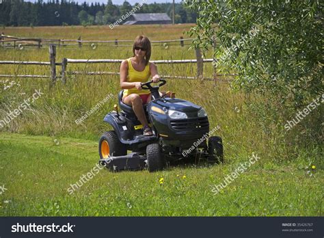 Young Woman On Riding Lawn Mower Stock Photo 35426767 Shutterstock