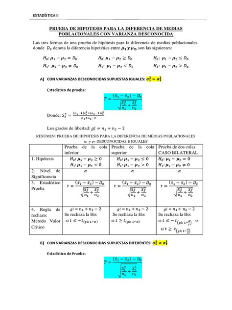 Prueba De Hipotesis Para La Diferencia De Medias Con Varianza Desconocida Pdf Estadísticas