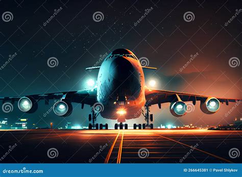 Airplane Take Off Runway at Night Stock Illustration - Illustration of ...