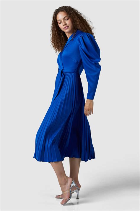 Closet London Blue Long Sleeve Pleated Wrap Midi Dress