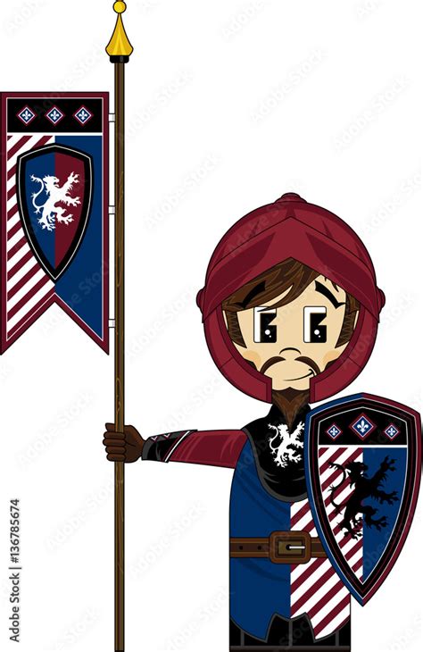 Cute Cartoon Medieval Knight With Banner Flag And Shield Stock 벡터