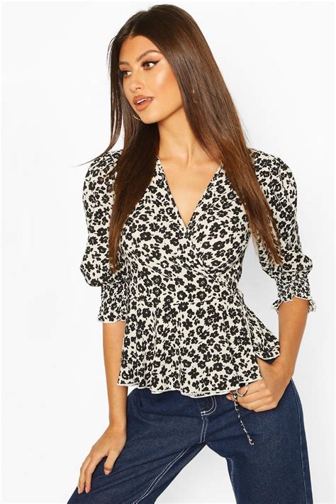 Black Woven Floral Wrap Front Blouse Boohoo Uk