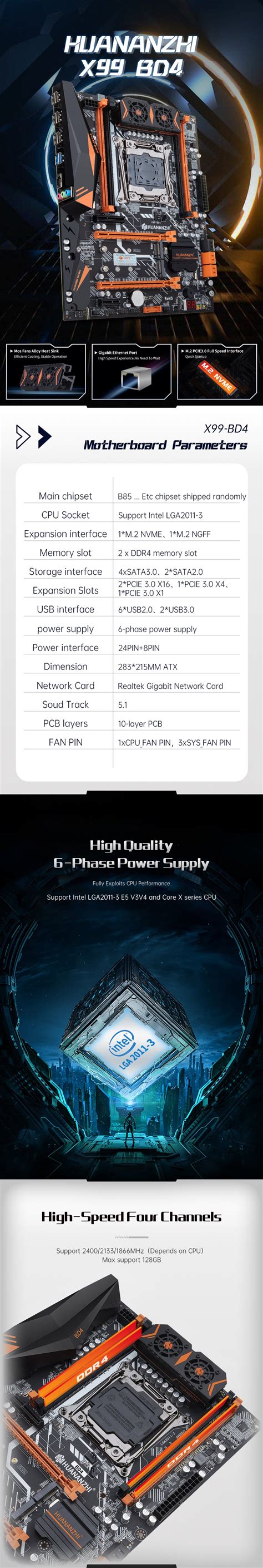 HUANANZHI X99 BD4 LGA 2011-3 X99 Motherboard supports E5 2640 2666 2670 ...
