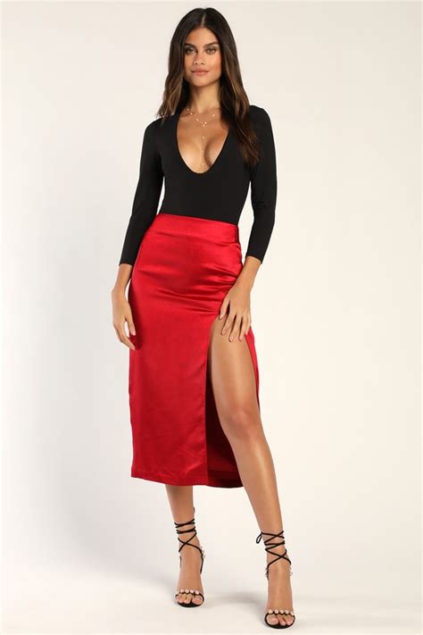 Red Satin Skirt Satin Midi Skirt High Rise Midi Skirt Lulus