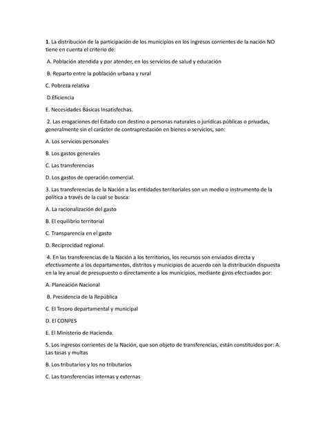 Cuestionario Unidad Siete Finanzas Y Presupuesto Publico La