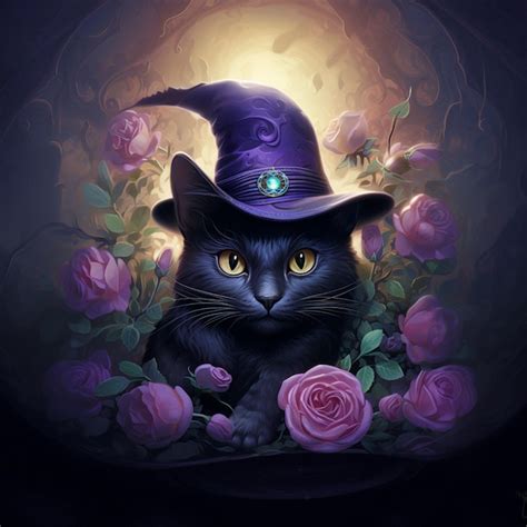 Premium AI Image Painting Of A Black Cat Wearing A Witch Hat And