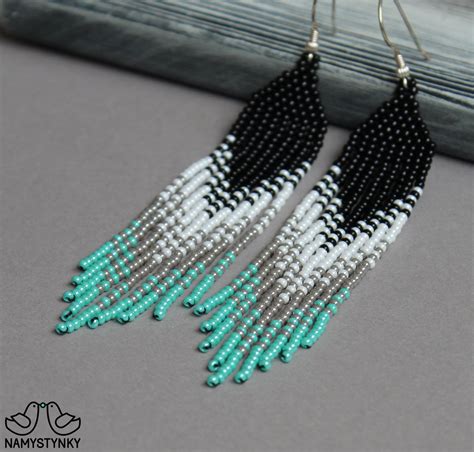 Turquoise Beaded Earrings Seed Bead Earrings Long Earrings Etsy