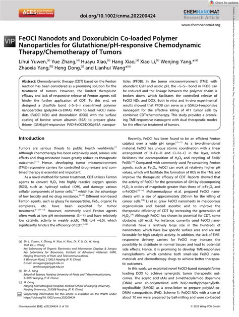 (PDF) FeOCl Nanodots and Doxorubicin Co‐loaded Polymer Nanoparticles ...