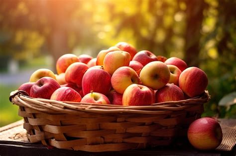 Premium Photo A Basket Of Apples With The Sun Shining Through The Trees