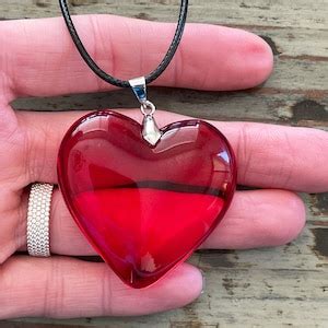 Red Heart Glass Necklace 42mm Deep Red Large Heart Pendant On Black