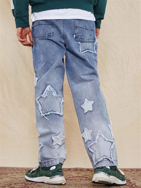 Emmiol Free Shipping Men S Star Patched Skater Jeans Blue S In