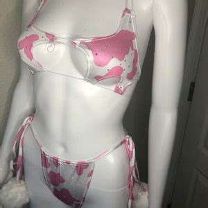 Cow Print Star Bikini Set Exotic Dancewear Pom Pom Stripper Outfits Festival Outfit Etsy