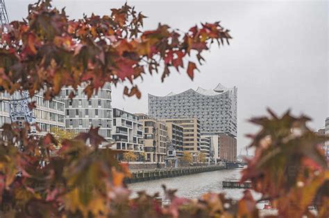 Germany Hamburg Sandtorhafen In Autumn With Elbphilharmonie In