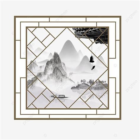 Chinese Window Frame Vector Art Png Chinese Style Ink Landscape Window