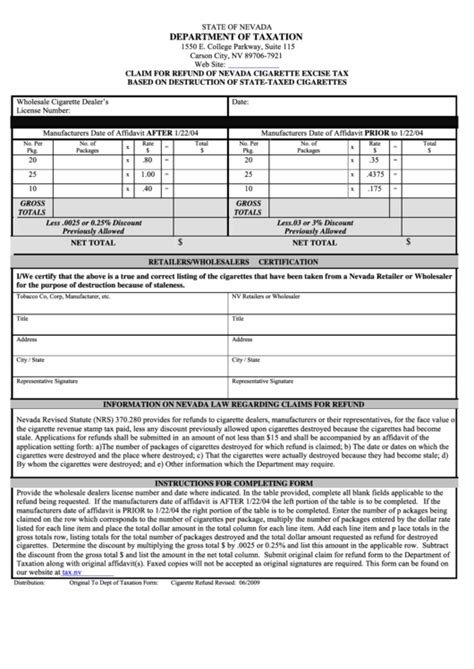 Fillable Form Cigarette Refund Claim For Refund Of Nevada Cigarette