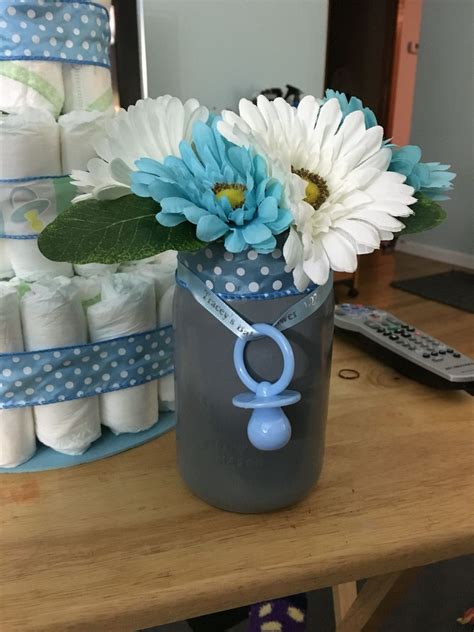 Finished Mason Jar Centerpiece For Boy Baby Shower