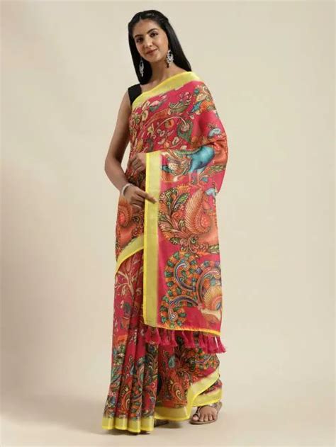 Buy Vastranand Women Pink Linen Blend Printed Saree Online At Best