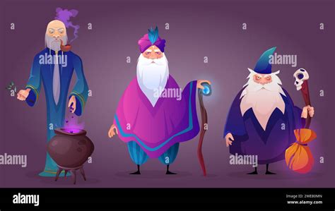 Old Wizard Cartoon Character With Magic Stuff Vector Illustration Set Of Three Different