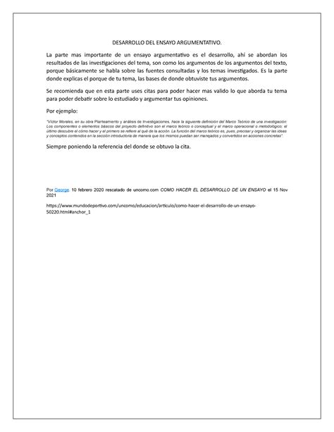 Desarrollo Y Ejemplos Del Ensayo Argumentativo DESARROLLO DEL ENSAYO