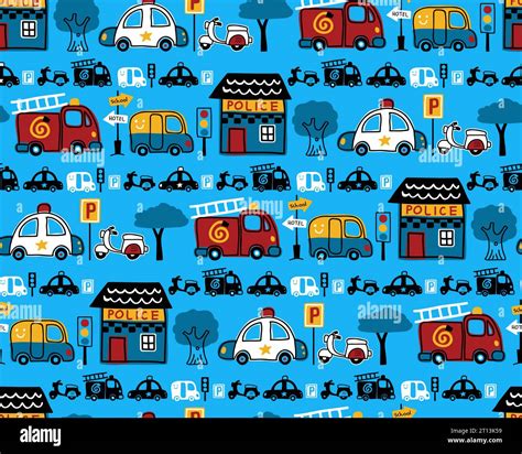 Seamless Pattern Vector Of Rescue Vehicles Cartoon Traffic Signs