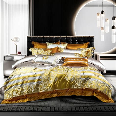 Satin Egyptian Cotton Bedding Set Luxury Chic Gold Embroidery Duvet Cover Ultra Soft Silky