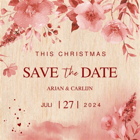 Save The Date Kerstkaart Bloemen Rood Echt Hout