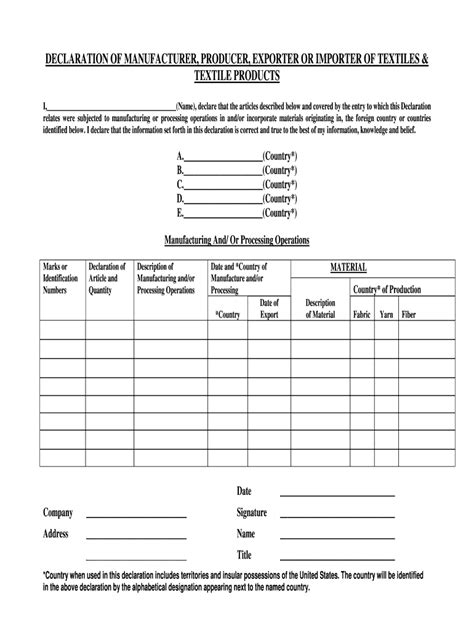 Declaration Of Manufacturer Producer Exporter Or Importer Of Textiles