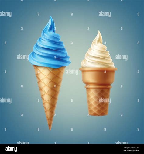 Vector Illustration Of Soft Ice Cream Various Flavors In Different Cones Isolated On Blue