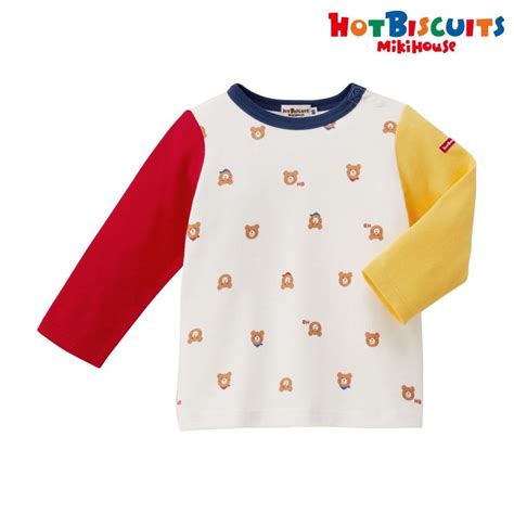 HOT BISCUITS ミキハウス ビーンズ総柄 長袖Tシャツ アウトレット 白 70cm 80cm 90cm 100cm 110cm