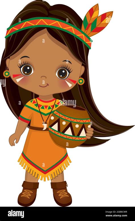 Cute Little Native American Indian Girl Holding Ceramic Pot. Vector ...