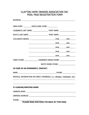 Fillable Online CLA POOL REGISTRATION FORM Clayton HOA Fax Email