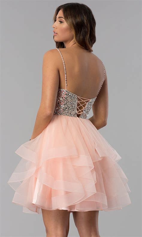 Short Sparkly V Neck Beaded Bodice Homecoming Dress Pink Dress Short