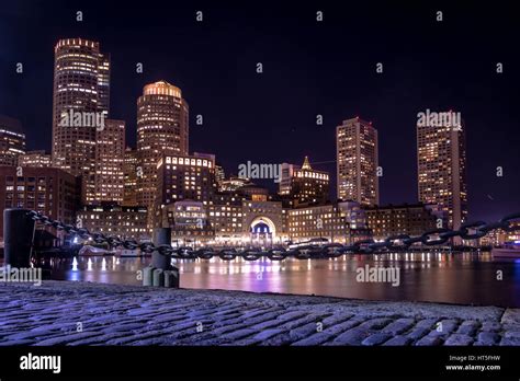 Boston Harbor and Financial District skyline at night - Boston ...