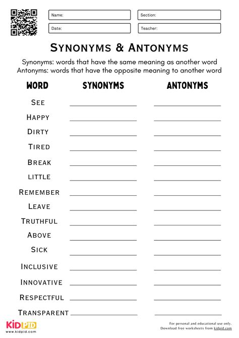 Synonyms & Antonyms Worksheets For Kindergarten To Grade 5 - Kidpid