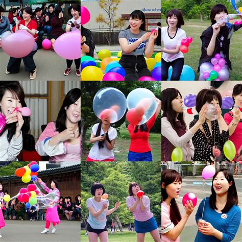 Two Korean Ladies In A Balloon Blowing Contest Stable Diffusion