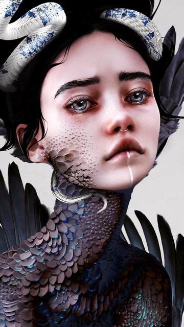 A Digital Painting Of A Woman With Snakes On Her Head And Feathers