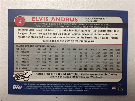 2020 TOPPS BIG LEAGUE BASEBALL 2 ELVIS ANDRUS TEXAS RANGERS EBay