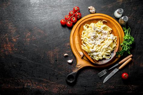 Fettuccine De Macarr O Molho Carbonara Em Um Prato E Tomate