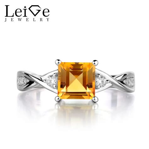 Leige Jewelry Square Cut Gemstone Natural Citrine Ring 925 Sterling