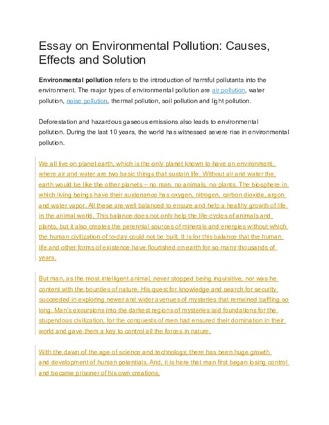 (DOC) Essay on Environmental Pollution: Causes, Effects and Solution