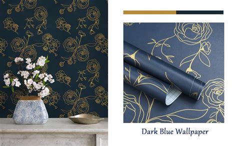 Timeet Self Adhesive Wallpaper Gold Rose Pattern Dark Blue Peel And