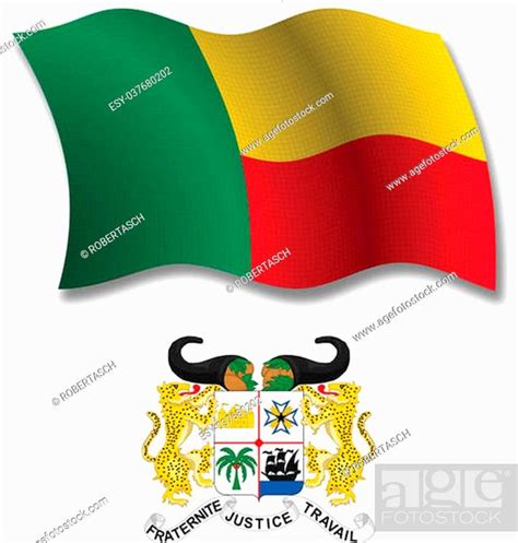 Benin Shadowed Textured Wavy Flag And Coat Of Arms Against White