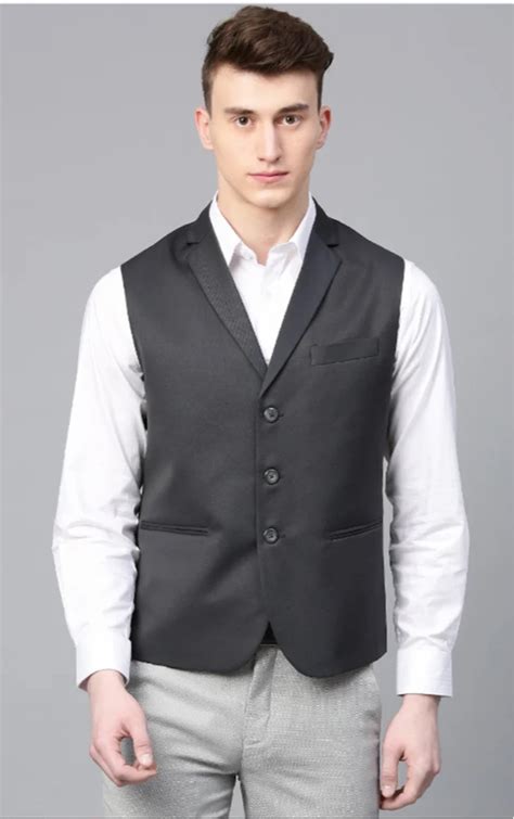 Men Charcoal Grey Solid Slim Fit Formal Waistcoat Cotton At Rs