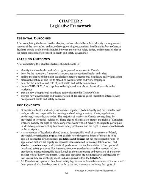 Management Of Occupational Health And Safety Chapter 02 Kelloway 8e Im Chapter 2 Legislative